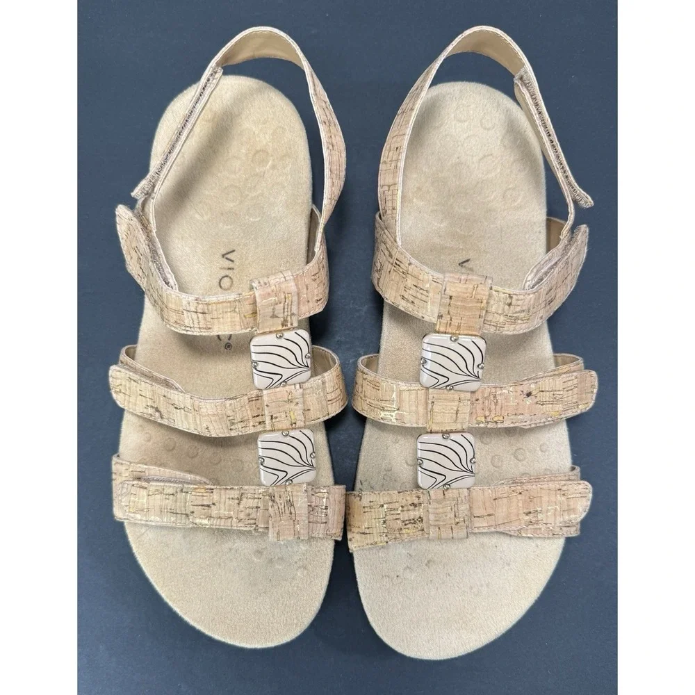 Vionic Amber Adjustable Sandal‎ Women's 10 Cork Gold Flat Arch Support Comfort